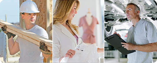 Three images of working professionals. From left to right: Construction worker, salesperson, mechanic.